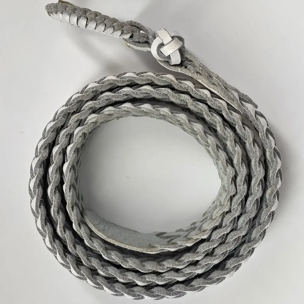 VINTAGE WHITE BRAIDED SPLIT COWHIDE LEATHER BELT – GOLD BUCKLE – SIZE L 38